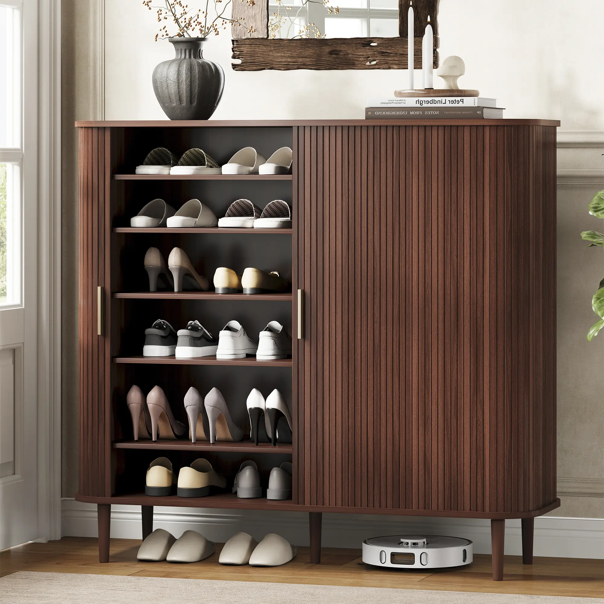 【Tall Storage】DHH Fluted Shoe Storage Cabinet with Sliding Tambour Doors and Adjustable Shelves, Entryway Organizer campingessentials Decorative Movable