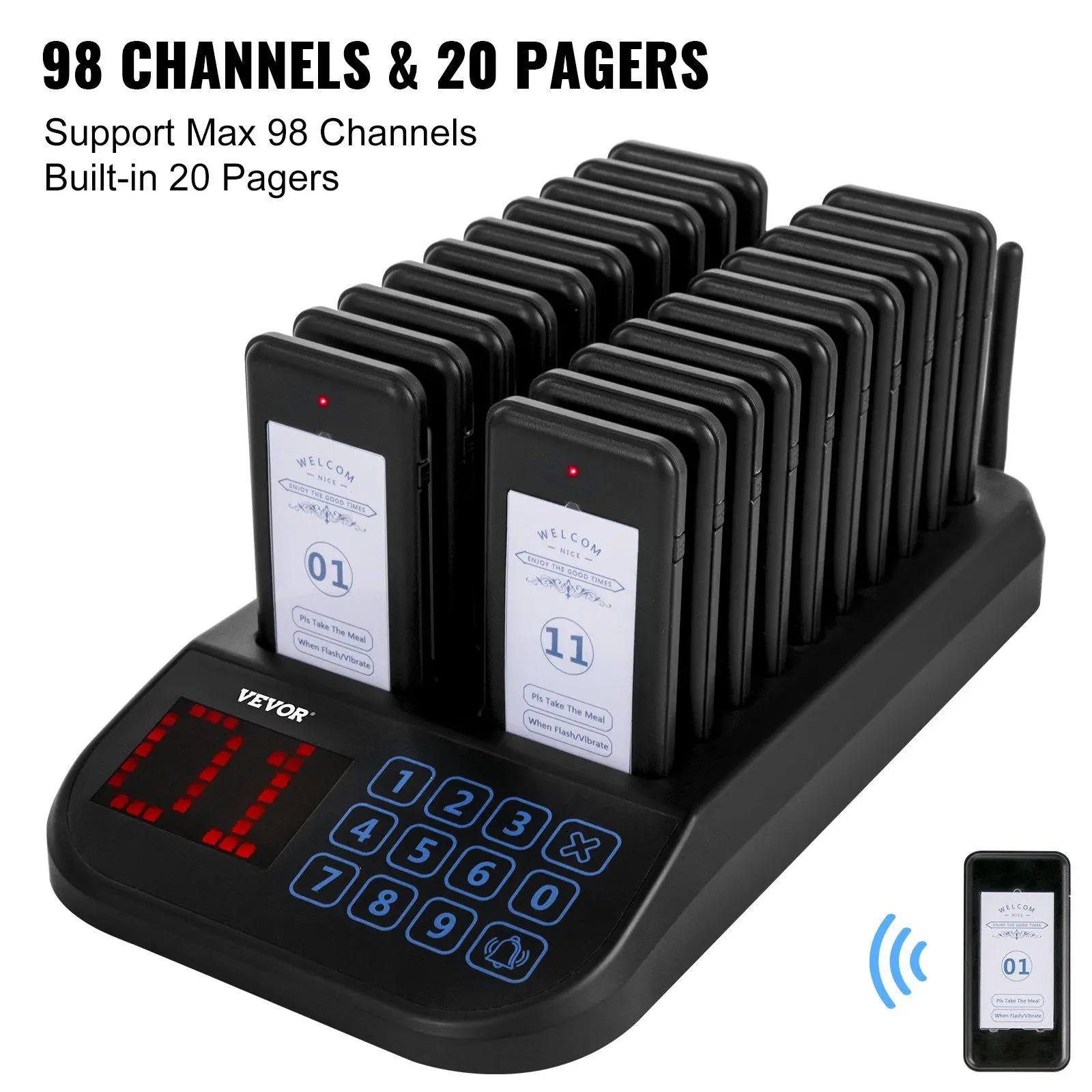 VEVOR F103 Wireless Restaurant Pager System - 98 Channels & 20 Pagers, 300-500m Range, 100mw, 3.7v Rechargeable, 24-Hour Continuous Use, Waterproof Touch Screen Keyboard, Vibration/Flashing/Buzzer Alerts, 30-Day Free Returns for Hospitality, Restaurants,