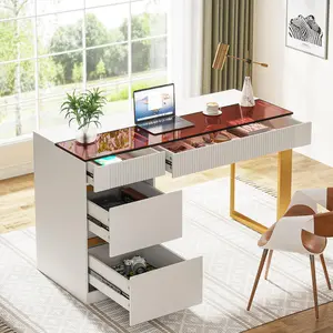 TRIBEWOOD Computer Desk with 4 Drawers, 47 Inch Modern Home Office Desk with Glass Top, White and Gold Writing Workstation Desk with Storage, Makeup Vanity Table for Living Room, Bedroom