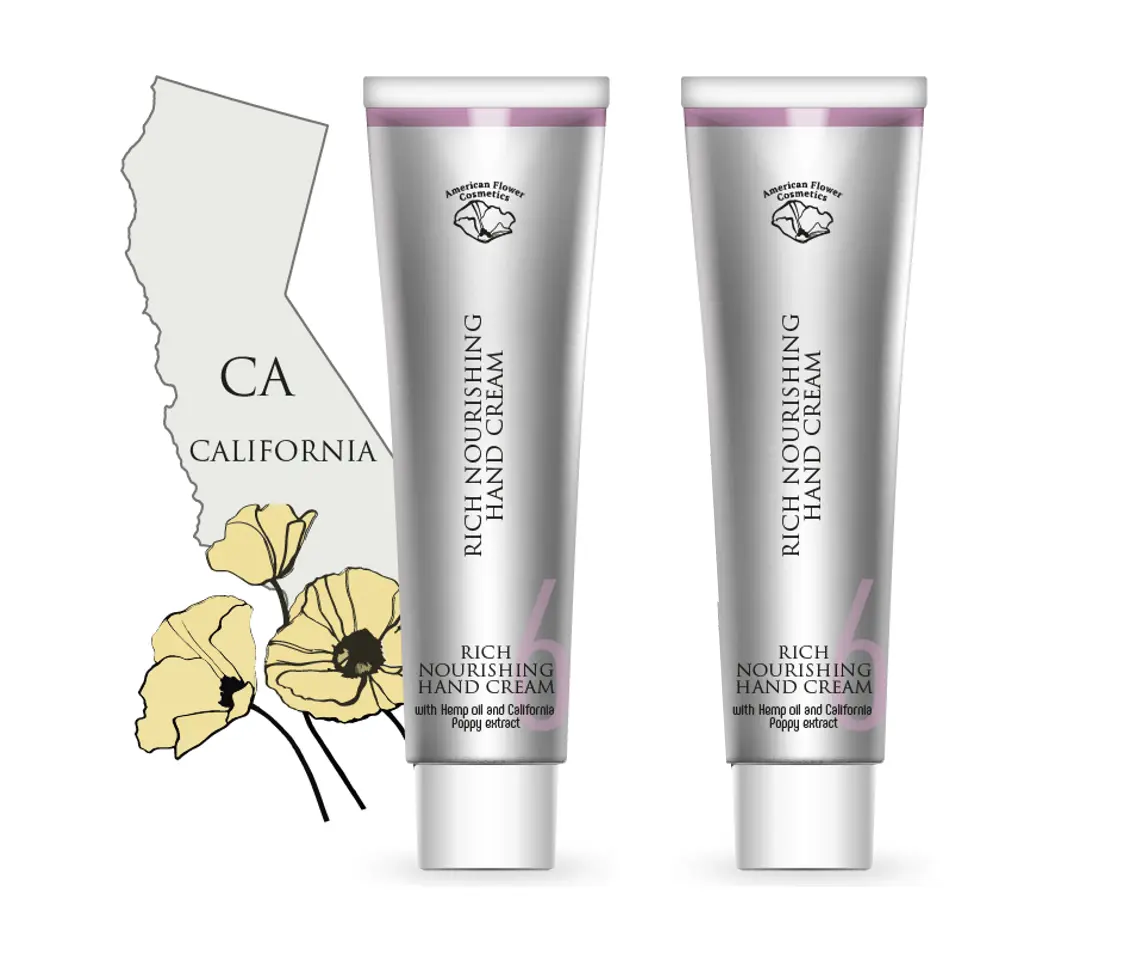 American Flower Cosmetics Rich Nourishing Hand Cream - California Poppy, Hemp Oil, Argan, Shea Butter, Sea Buckthorn, Vitamin C - Brightening, Soothing, Moisturizing Dry Skin Repair Daily Cream, 2x1 fl oz, Moisture-Boosting, Calming