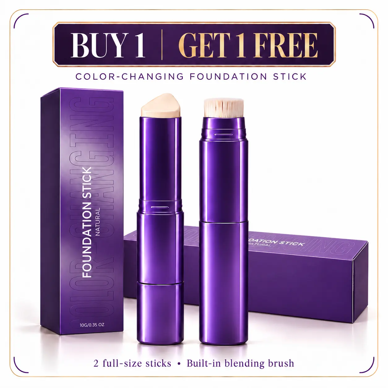 Buy 1 Get 1 Free 2-in-1 Color Changing Foundation Stick Cosmetic for Mature Skin, Color-Adapting Cream Foundation with Built-In Blending Brush, Lightweight Buildable Coverage, Natural Smooth Finish, Easy Everyday Use, 10g medium spectrum color-changing