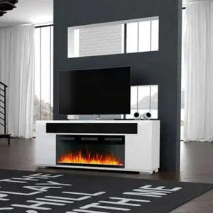 Modern High Gloss Fireplace TV Stand with Electric Fireplace, Open Storage for TVs Up to 70-79 Inches, White Floating Media Console with Retro Design