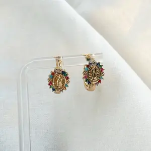 Virgin Mary Multi Color Gold Hoop Earrings