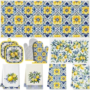 10 Pcs Mediterranean Lemon Kitchen Set - 4 Dish Tea Towels 2 Oven Mitts 2 Pot Holders 2 Mats, Ideal Gift Cooking Baking Kitchen Accessories