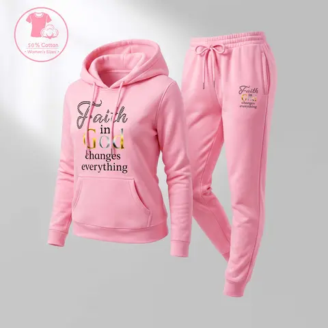 Women's Faith In God Changes Everything Print Hoodie And Drawstring Track Pants Set, Casual Sportswear, Long-Sleeved Hooded Jacket And Pants, Suitable For Autumn And Winter, Everyday Wear, Indoor And Outdoor Sportswear, Casual Sportswear.