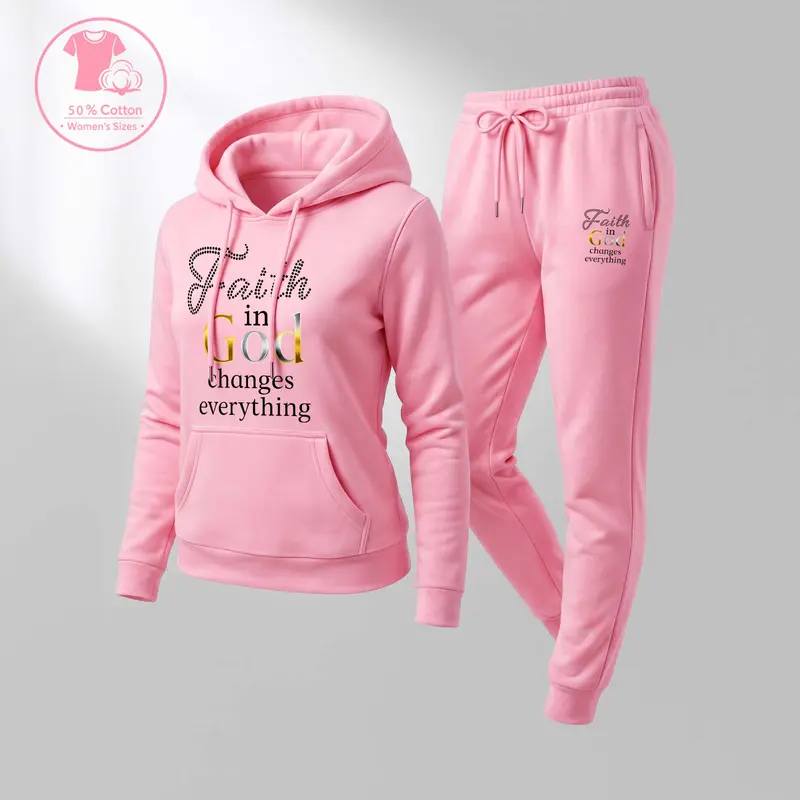 Women's Faith In God Changes Everything Print Hoodie And Drawstring Track Pants Set, Casual Sportswear, Long-Sleeved Hooded Jacket And Pants, Suitable For Autumn And Winter, Everyday Wear, Indoor And Outdoor Sportswear, Casual Sportswear.