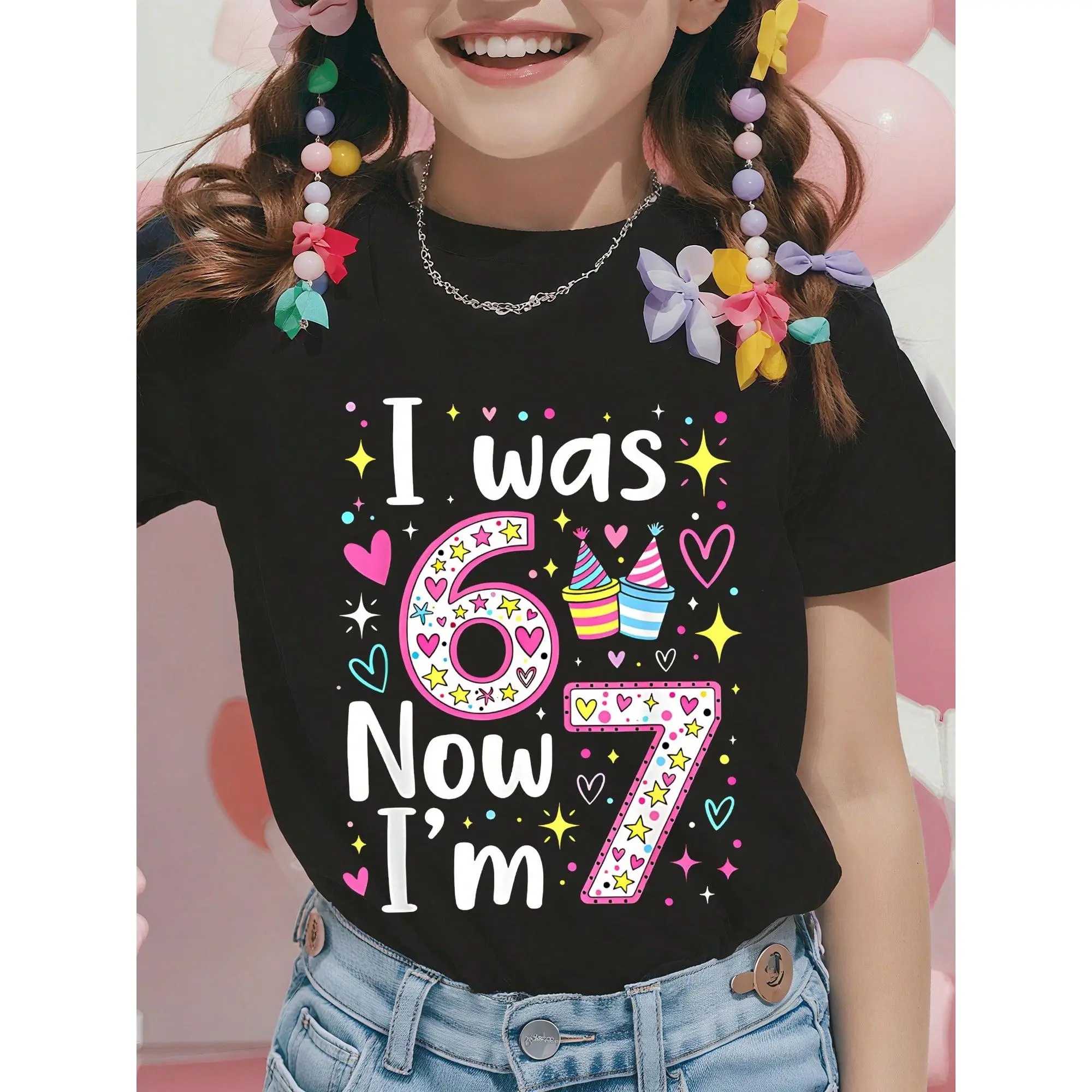 7 Years Old Birthday I Was 6 Now I'm 7 6 7 Funny Kids Girls T-Shirt - Adorable Cartoon Print, Soft & Skin-Friendly, Comfortable Round Neck, Stylish & Versatile, Machine Washable - Unisex Summer Outfit For Boys & Girls Ages 5-14