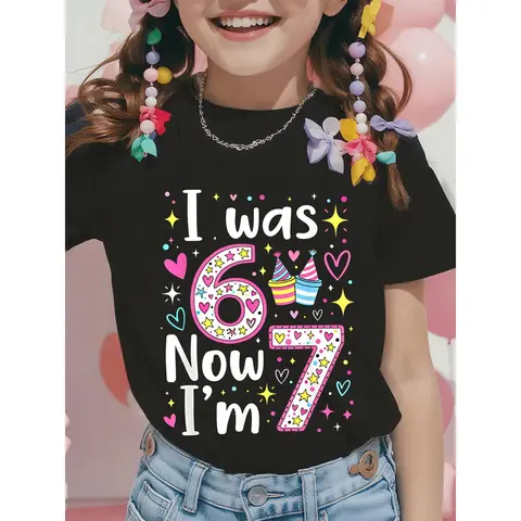 Kids' 100% Cotton Regular Fit Short Sleeve Crew Neck Cartoon Print Birthday T-Shirt - 1 Piece Set, Unisex 100 Cotton Clothing for 5-6Y,7-8Y,9-10Y,11-12Y,13-14Y, Soft Skin-Friendly, Anti-Wrinkle, Machine Washable Summer Top