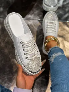 Women's Silver Color Rhinestone Strap Sandals, Slip-On Flat Shoes, Casual Comfortable Footwear, Versatile Lazy Person Shoes