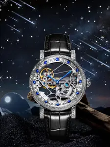 Men's Business Fashion Hollow Out Design Skeleton Watches Mechanical Watch, Fashion Rhinestone Decor Watch for Party, Daily Clothing Decor, Trendy All-match & Exquisite Watch for Gift