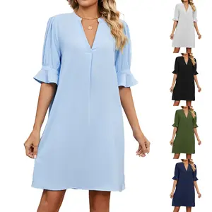 Women's Casual Loose Lounge Dress - Comfy V Neck Ruffle Sleeve Tunic, Lightweight Flowy House Dress for Relaxation & Errands