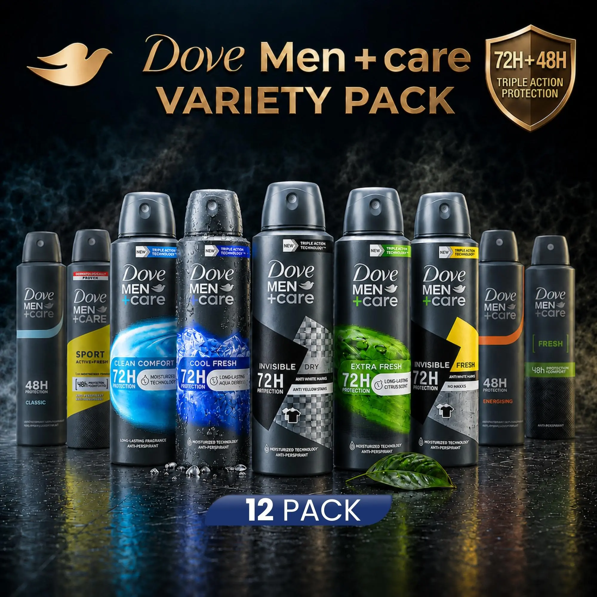 Dove Men+Care Deodorant Spray Variety Bundle 12 Pack (150ml / 5oz) 72H Triple Action Protection Antiperspirant - Long Lasting Sweat Defense Clean Comfort, Extra / Cool Fresh & more Scents Men's Body Spray Mixed Flavors