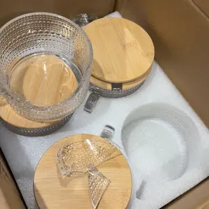 8pcs Set Vintage Coffee Mugs gifts for women, Overnight Oats Containers with Bamboo Lids and Spoons - 14oz Clear Embossed Glass Cups, Cute Coffee Bar Accessories, Iced Coffee Glasses