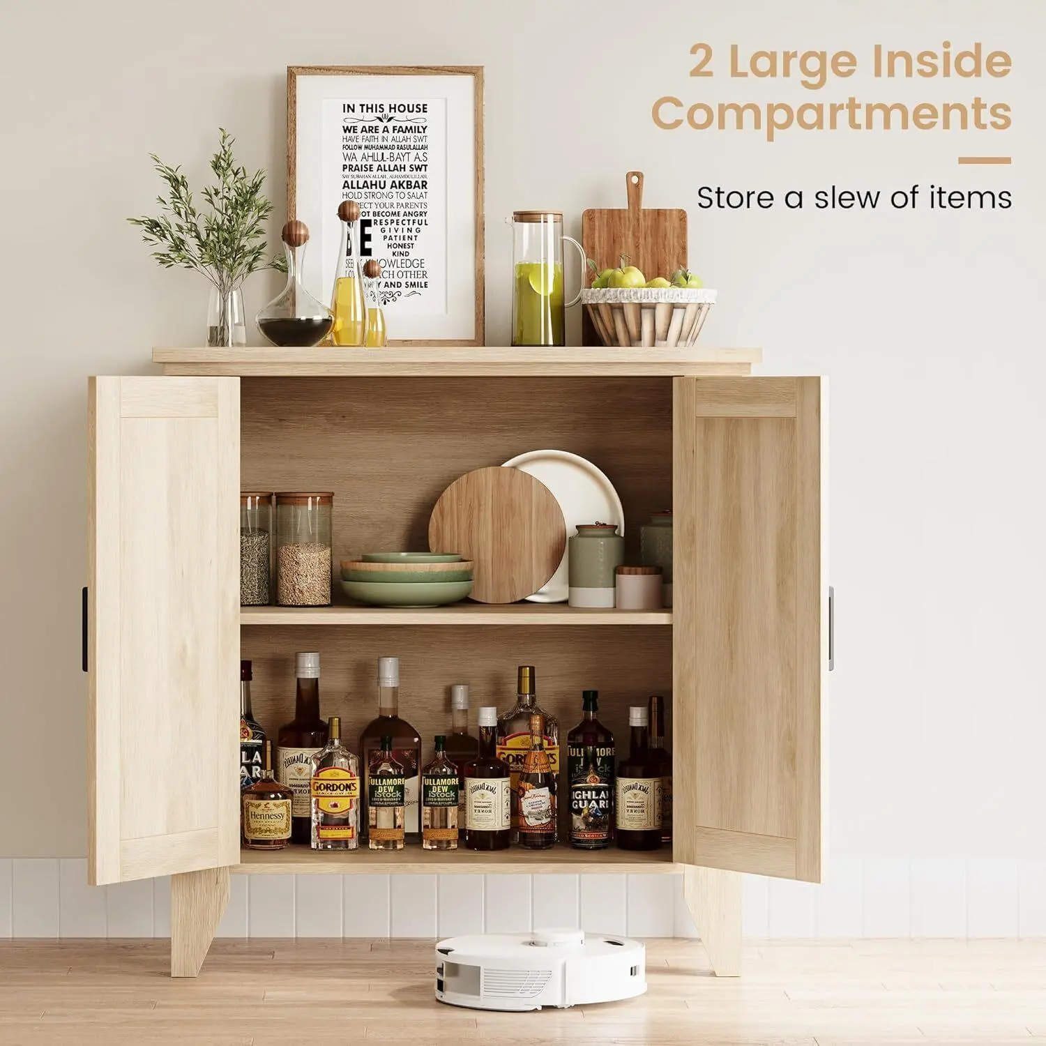 CABIHOME Small Storage Cabinet Rattan Accent Cabinets Boho Sideboard Buffet Cabinets with 2 Doors Wood Credenza Console Cabinet for Entryway Living Room Kitchen- Natural Oak