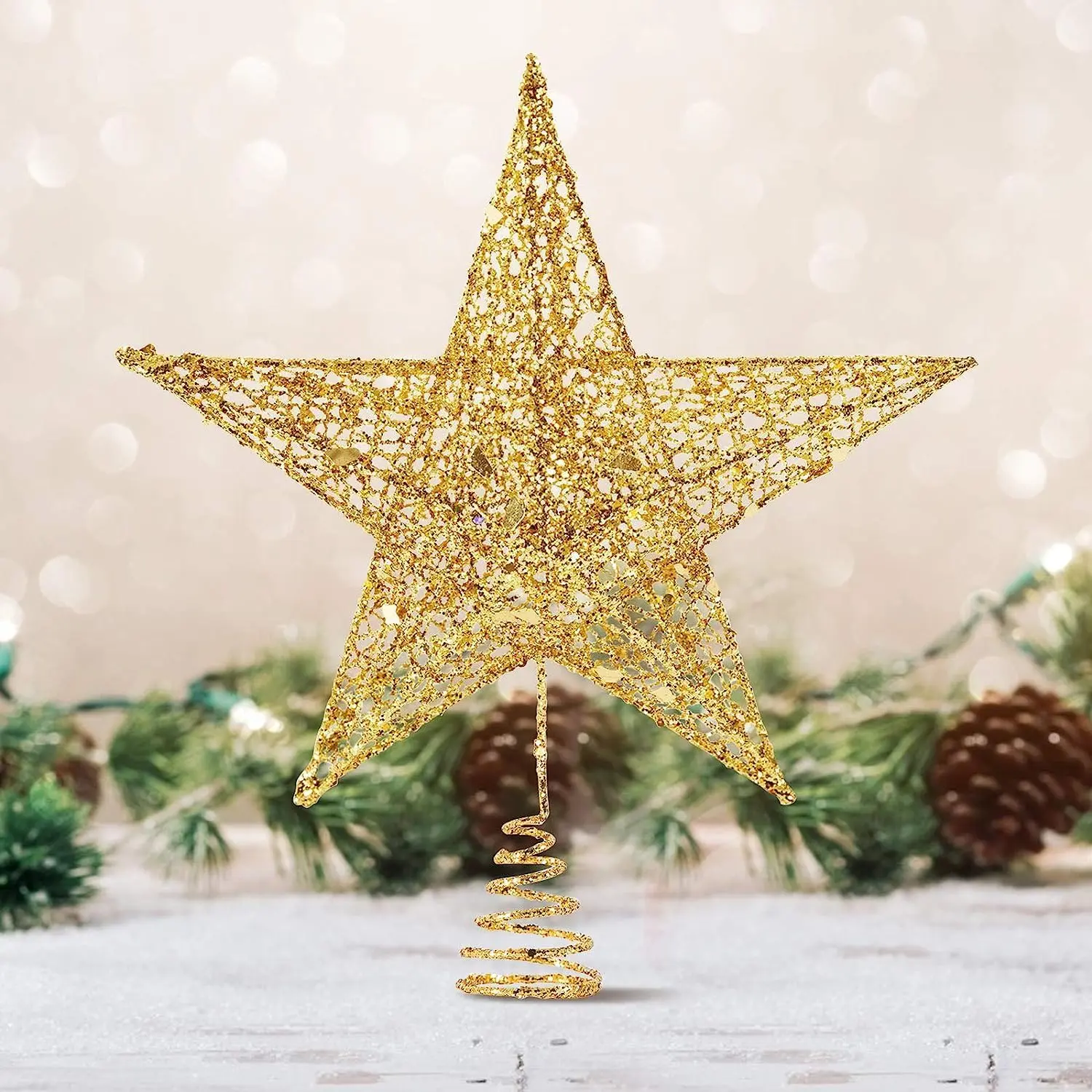 Christmas Tree Topper, 10" Gold Glittered Star with Hollow Design, Tree Topper Star for Christmas Tree Decoration