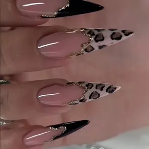 Y-21Pink Star Black Leopard Print French Tip Stiletto Press-On Nails Long Almond Shape Glossy Nude Acrylic Full Cover 24 Pcs Set for Women & Girls sharp nail
