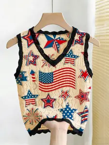 Women's Elegant Independence Day Print Vest, Sleeveless V-Neck Knitwear, All Seasons Casual Top, Breathable Fashion for Spring & Summer