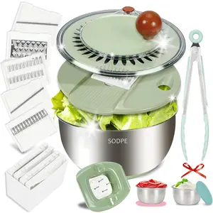 Stainless Steel Salad Spinner Large with 5 Blades Slicer Lettuce Washer Spinner and Dryer Vegetable Fruits Chopper Bowl Egg Yolk Strainer Comes with Dipping Saucers and Clip 5.3Qt