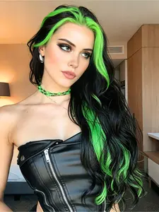 28" Black Body Wave Wig with Neon Green Money Piece 13x4 HD Lace Front Heat-Friendly Synthetic Hair Pre-Plucked Hairline Free Parting for Women Party & Daily Wear