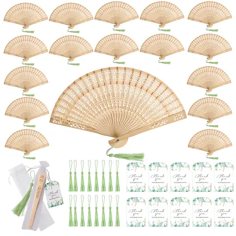 Decorative Folding Fan Set, Wooden Foldable Hand Fans with Organza Bags and Cards, Ideal for Wedding Favors, Birthday Gifts, Photography Props, Travel Souvenirs and Baby Baptism Gifts – Wooden