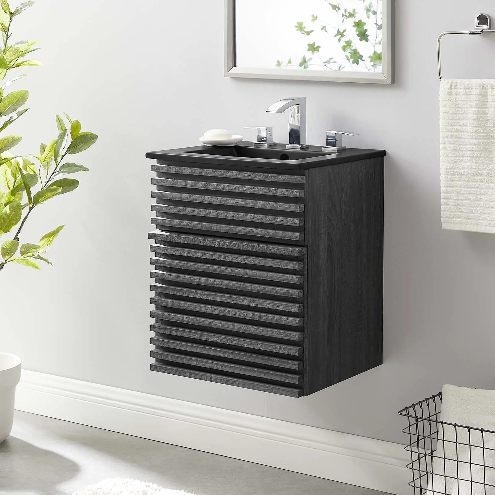 Modway Top 18" Wall-Mount Bathroom Vanity, Charcoal Black Finish with Ceramic Top, Walnut Accents, Storage Compartments, Sturdy Frame