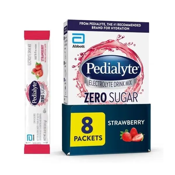 Pedialyte 0 Sugar Electrolyte Drink Mix, Strawberry Flavor, 8 Powder Packets with Zinc - Healthcare Wellness Supplement
