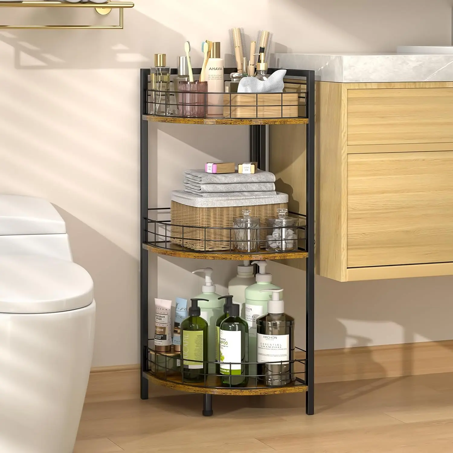 Bathroom Standing Shelf, 3 Tier Open Floor Shelves, Free-Standing Shelf Units, Triangular Curved Corner Shelf Stand for Small Space, Ideal for Bathroom,Kitchen,Vanity Storage and Organizer