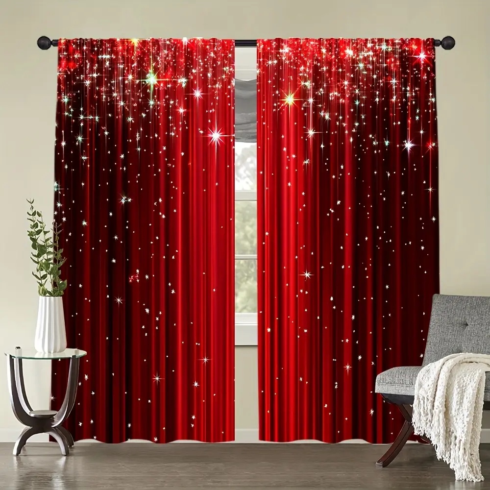2-Piece set, red gradual change printed curtains, Window Drapes, with shining star light design - translucent rod bag design, to protect privacy, suitable for home decor, Home Textile, Window Curtain