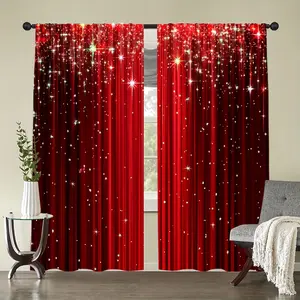 2-Piece set, elegant red gradual change printed curtains, with shining star light design - translucent rod bag design, to protect privacy, suitable for bedroom, living room, study, office home decoration, room decoration.