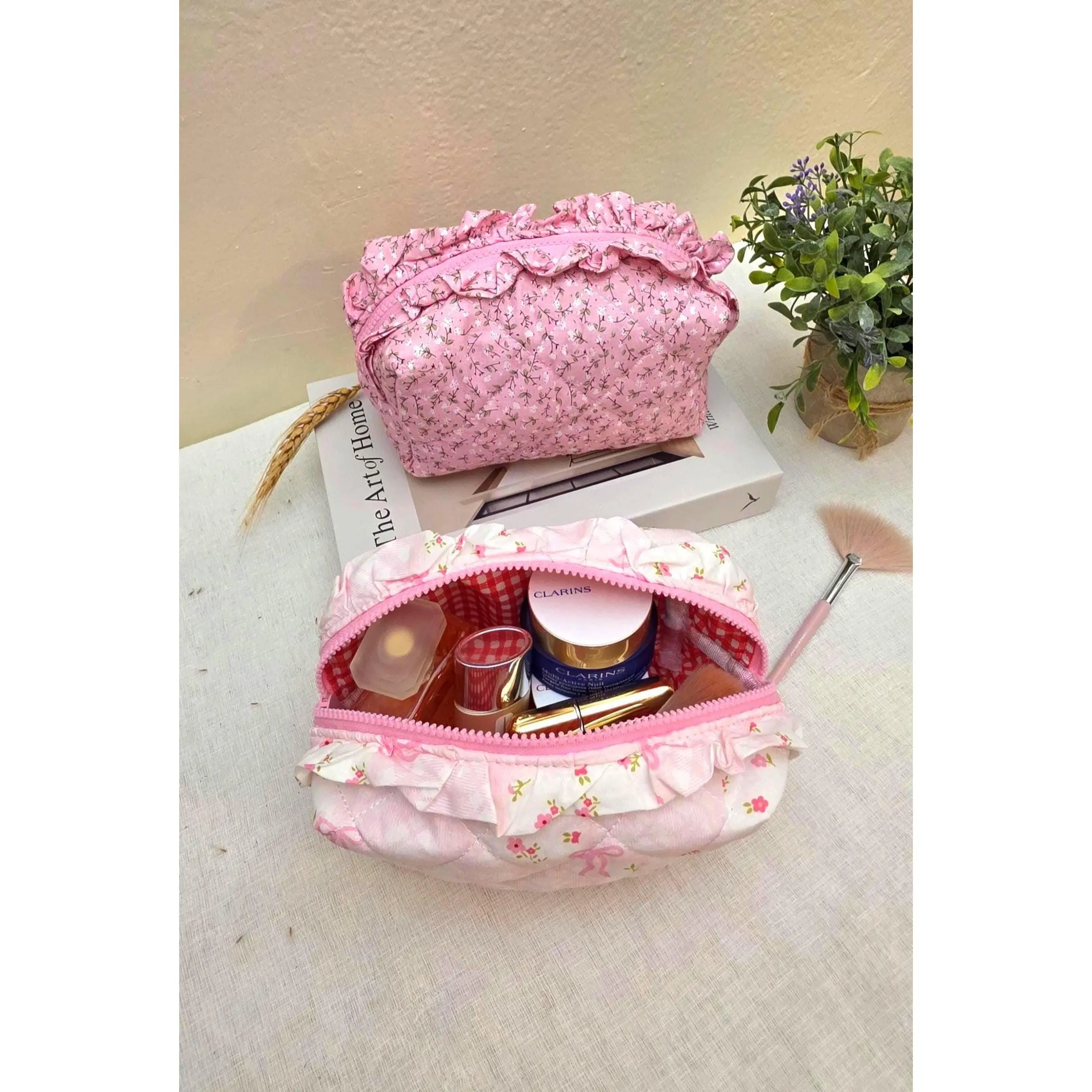 Rosette Cosmetic Bag — Pink Ruffle Floral Travel Pouch