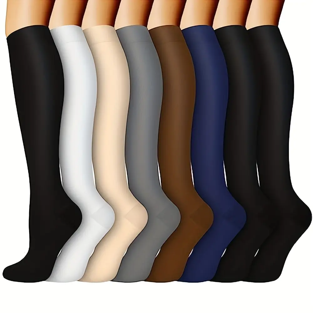 8 Pairs of Unisex Knee-High Compression Socks - Anti-Odor,Sweat-Absorbing, Breathable & Elastic for Daily Wear andOutdoor Activities,8 Solid Colors (White, Black, Brown, Gray,Navy Blue), Knee High Socks