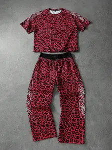 Men's American High Street Leopard Print Two-Piece Set, Short Sleeve T-Shirt + Wide Leg Pants, Breathable Sportswear for Daily Wear