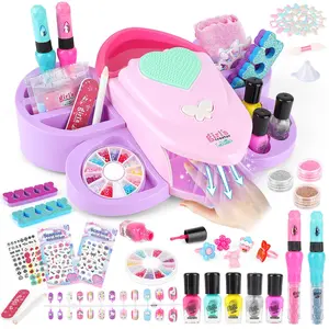 deAO Nail Polish Set Toys 32 Pcs Washable Pretend Play Makeup Kit with Dry Fake Glitter Nails Art Accessories Safe Cosmetic Toys Gifts for Kids