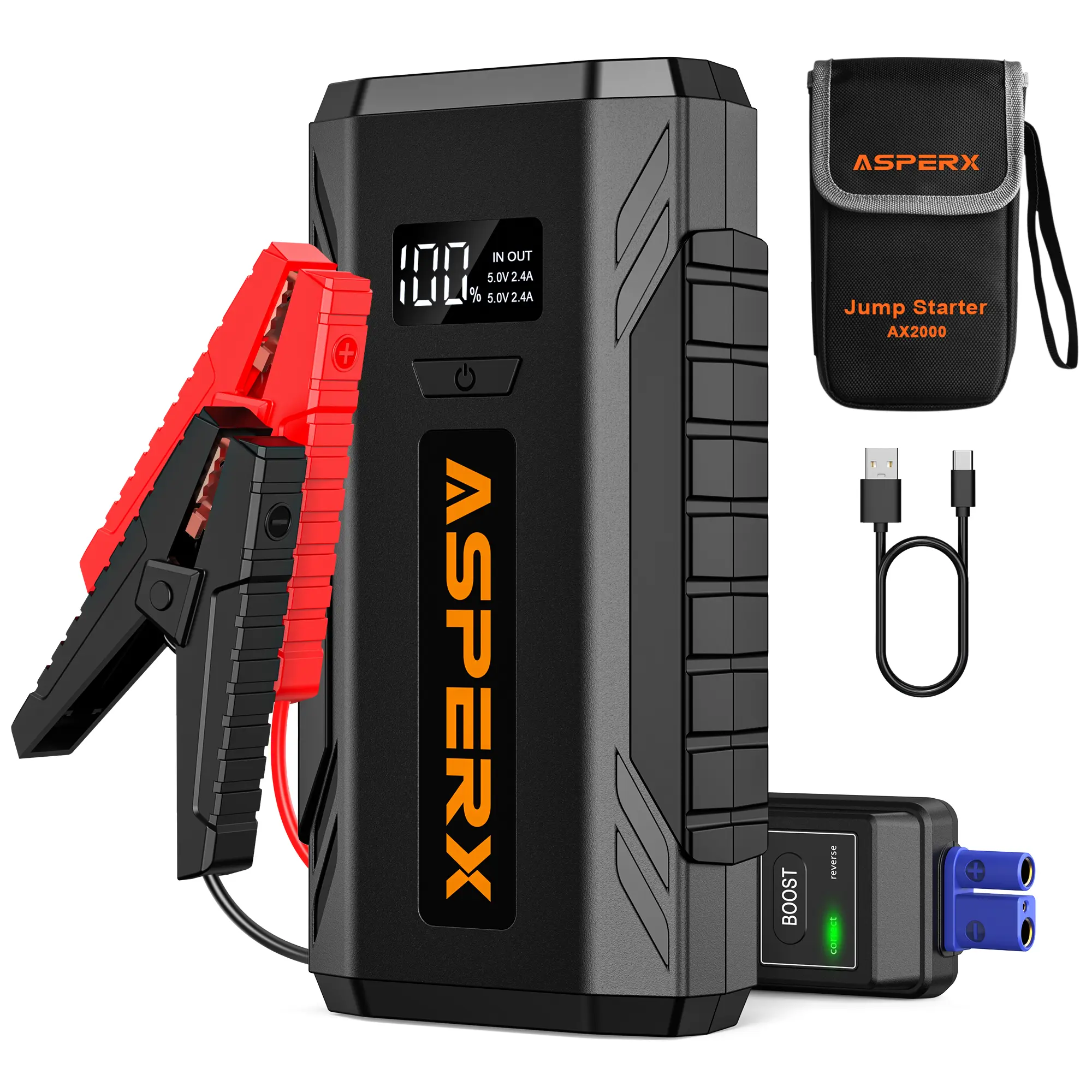 ASPERX AX2000 Jump Starter,  2000A Peak Portable Car Battery, 12 VJump Pack Cables with 1.4 Inch LCD Display, 400 LUMENS LED Flashlight