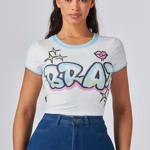 Brat Crop Top - White with Pastel Graffiti Design and Light Blue Trim for Trendy Outfits