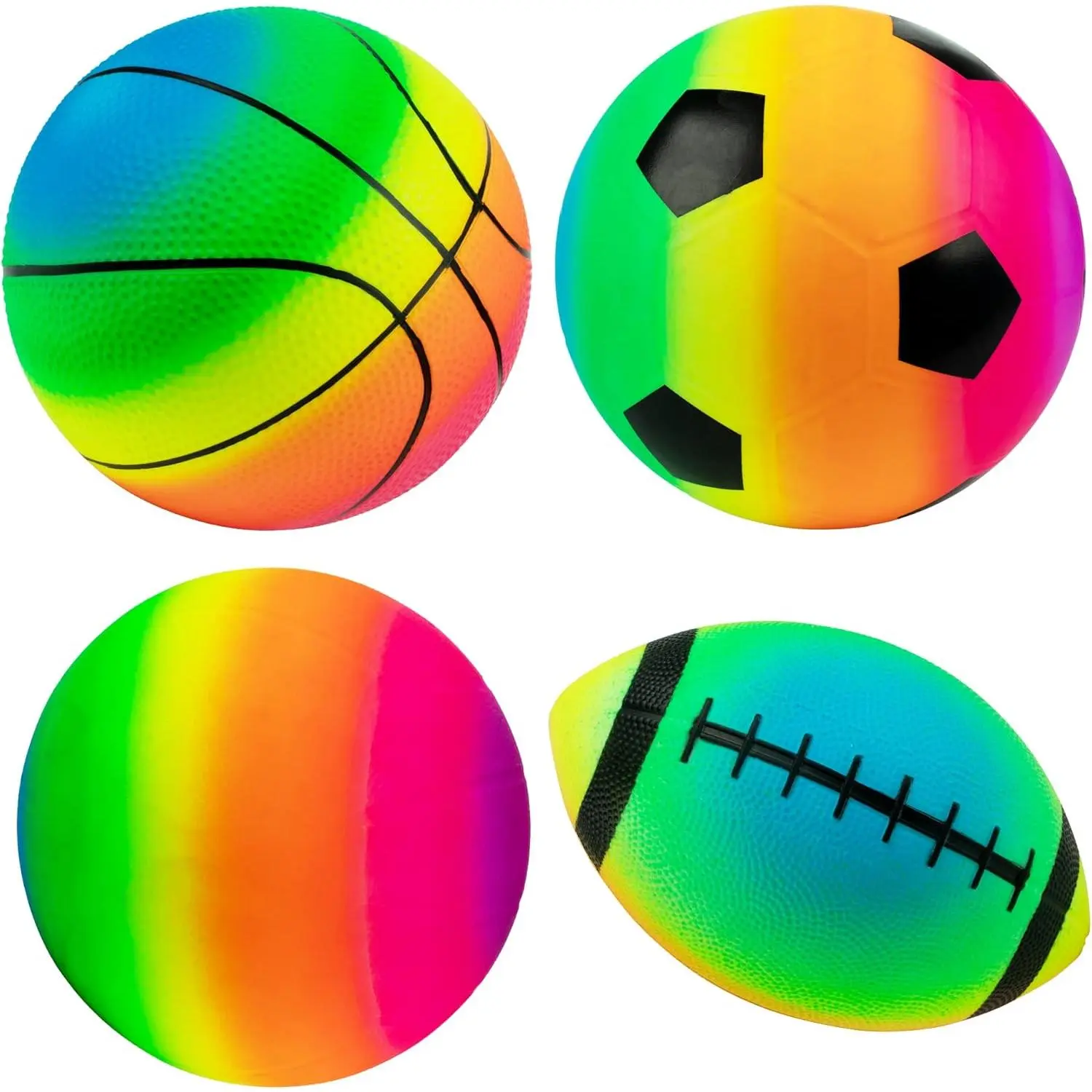 Kids Rainbow Sportsball Kit, 4-Pack 8.5-Inch Inflatable Ball Set with Pump for Outdoor Play - Includes Football, Basketball, Soccer, Volleyball, Rainbow Pattern