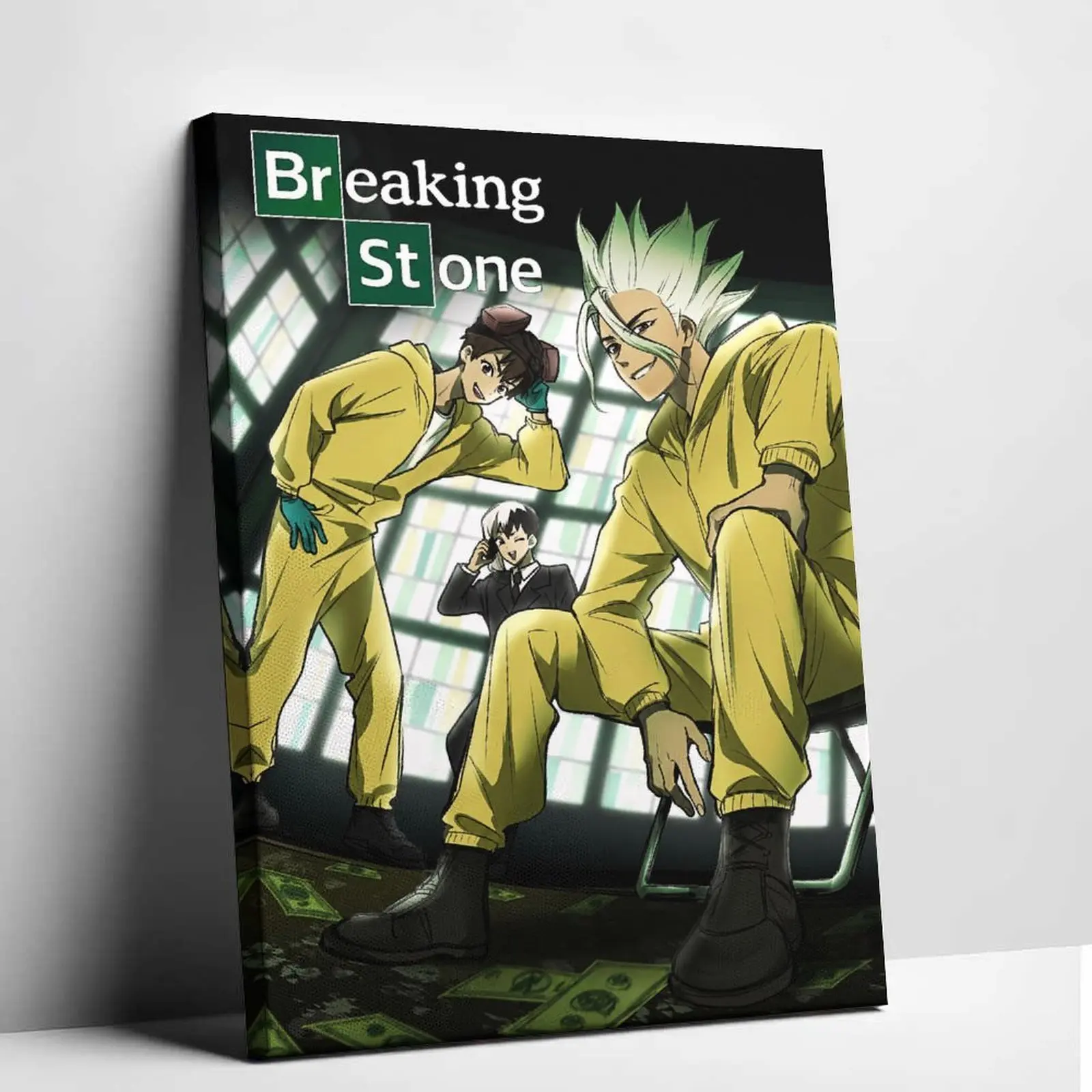 Dr. Stone x Breaking Bad Crossover Breaking Stone Canvas Wall Art, Senku Yellow Hazmat Suit Funny Anime Meme Print, Humor Blend Decor for Fans’ Living Room & Bedroom, Modern Aesthetic Room Decoration Poster