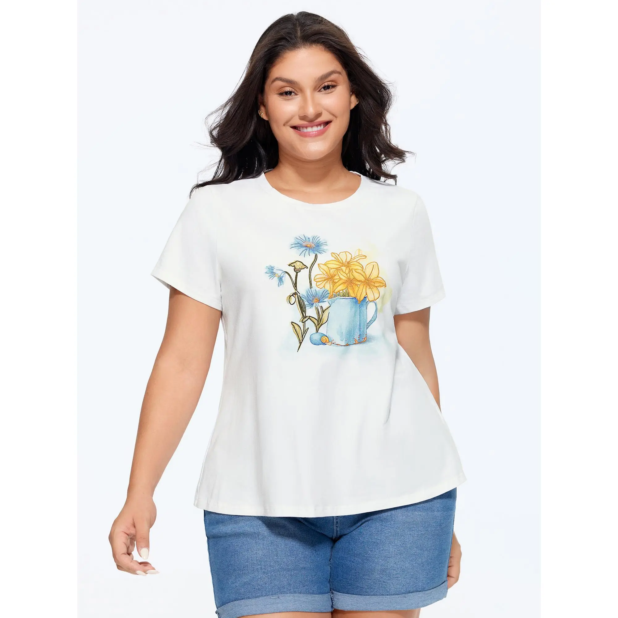 BloomChic Women's Plus Size Casual T-shirt, A Sun-Kissed Embroidered Cotton-Spandex Wardrobe Staple with Short Sleeves, Hand Wash, Minimalist, Tshirt, Wardrobe Staples, Elastane, Simple Fit, Plain, Basic, Tops, Breathable, Everyday, Round Neck, Fabric