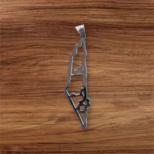 Palestinian Hand Crafted Silver Necklace Ornament Map Silver Engraved Palestine فلسطين in Arabic  1.5x0.5 in 925 Silver 2.8 g Hand Crafted