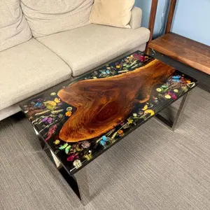 Real Flowers Coffee Table - Unique Design with Real Flowers, Dark Base, and Clear Top, Featuring Natural Wood Accents