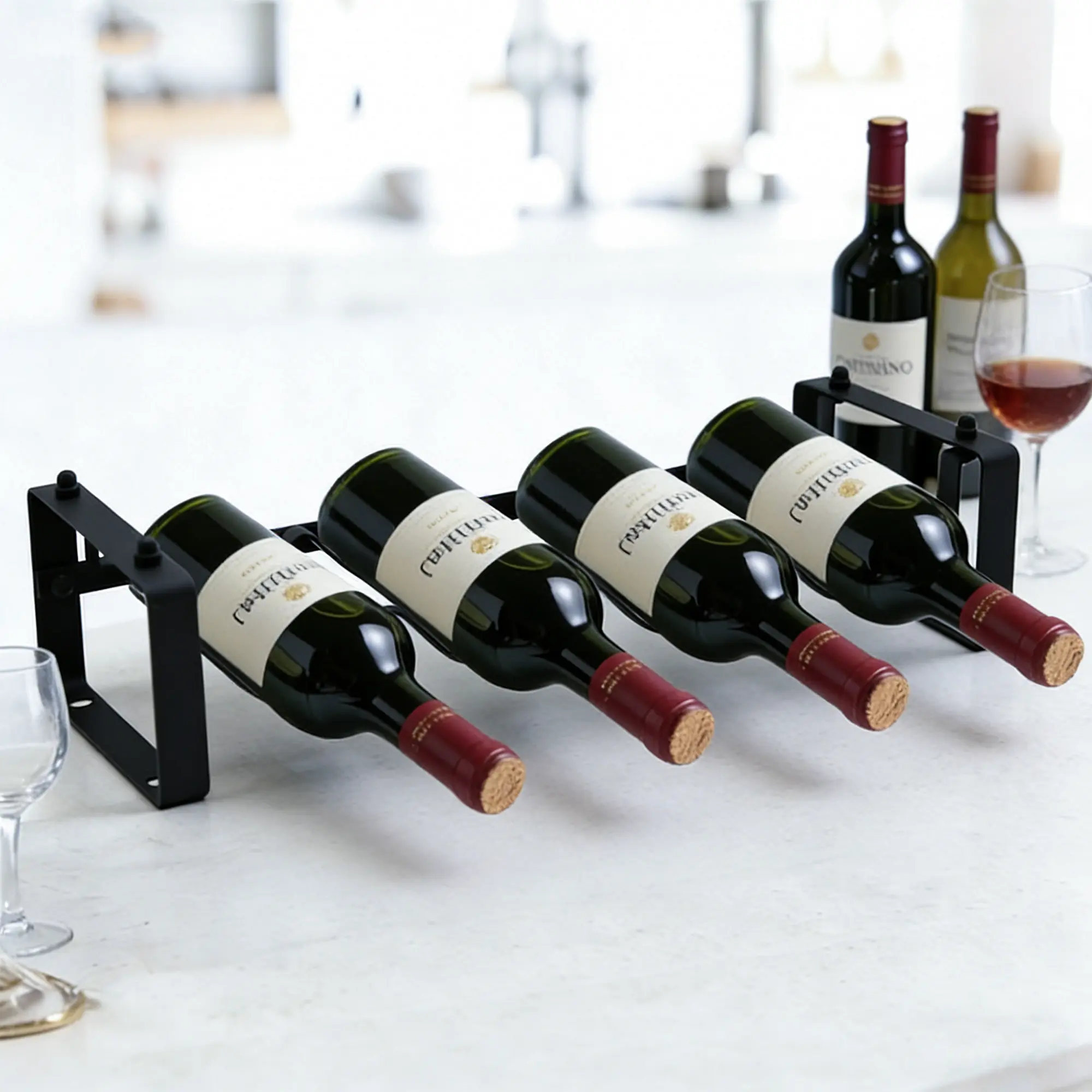 Elegant Tabletop Wine Rack for 4 Bottles | Minimalist Metal Wine Holder & Organizer for Kitchen or Home Bar Decor