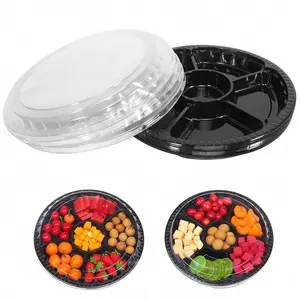 Round Plastic Appetizer Tray Set with Lid, 10.4 Inch Divided Storage Container, Disposable Food Serving Dish, Snack Dispenser, Party Buffet