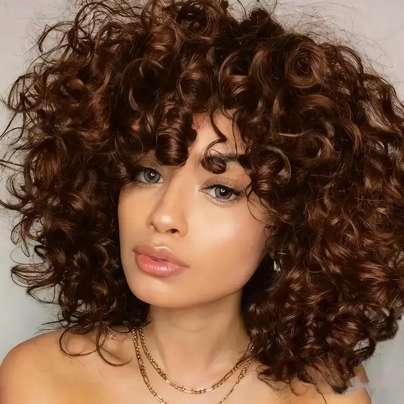 Big Bouncy Fluffy Curly Wig With Bangs For Women Synthetic Heat-Resistant Drak Brown 14 Inch Chemical Fiber Wig with Bangs Ideal for Daily Wear Easy to Put On and Beginner-Friendly