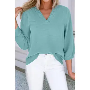 Frilled V Neckline Bracelet Sleeve Crinkled Blouse: Moonlight Jade