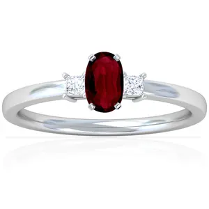 Untreated Ruby Oval and Diamond Three Stone Ring - (14k White Gold)- R65536RERB