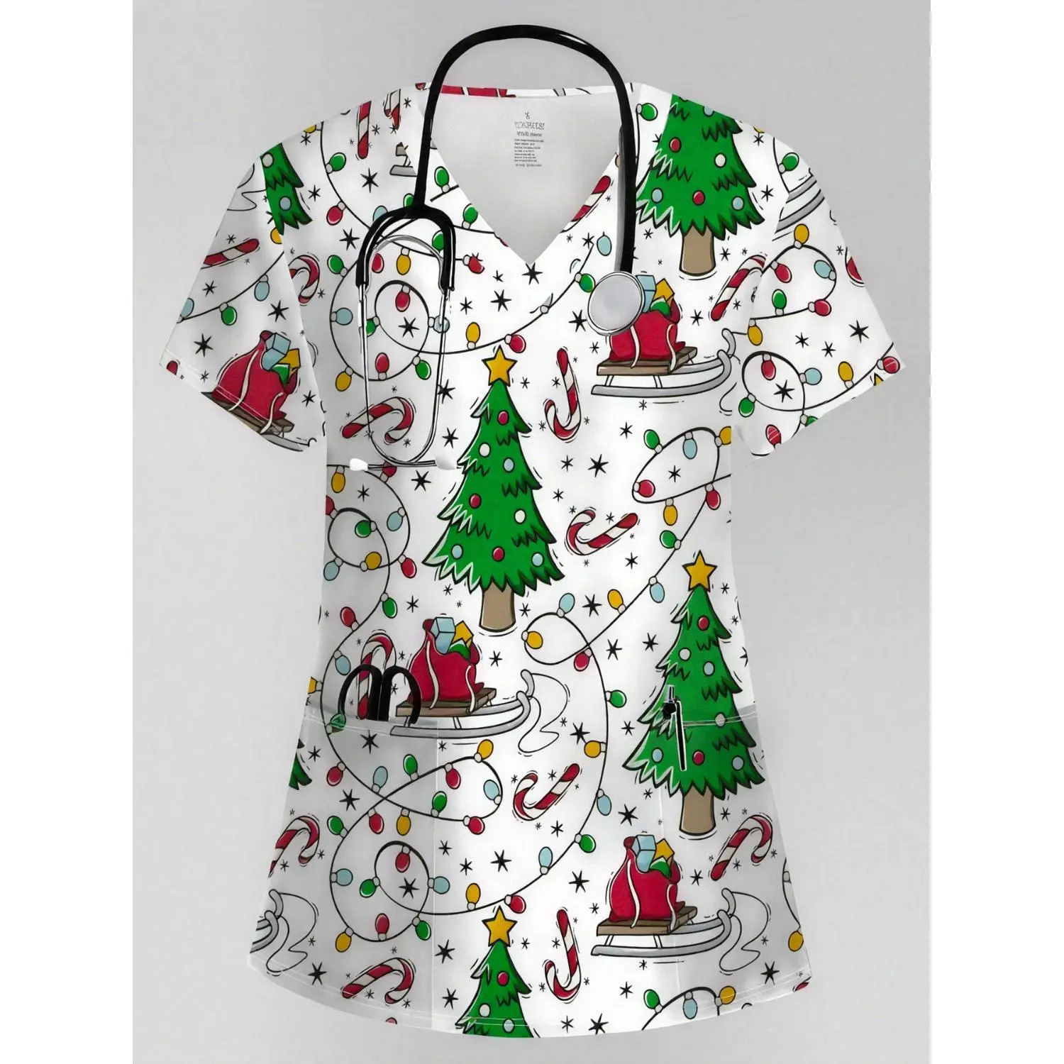 Women's Fashion V-Neck Short-Sleeve Scrub Top with Pockets, Vibrant Cartoon Elements, Breathable Casual Style, All-Season Daily Wear, Comfortable Stretch Fabric, Ideal for Doctors, Nurses