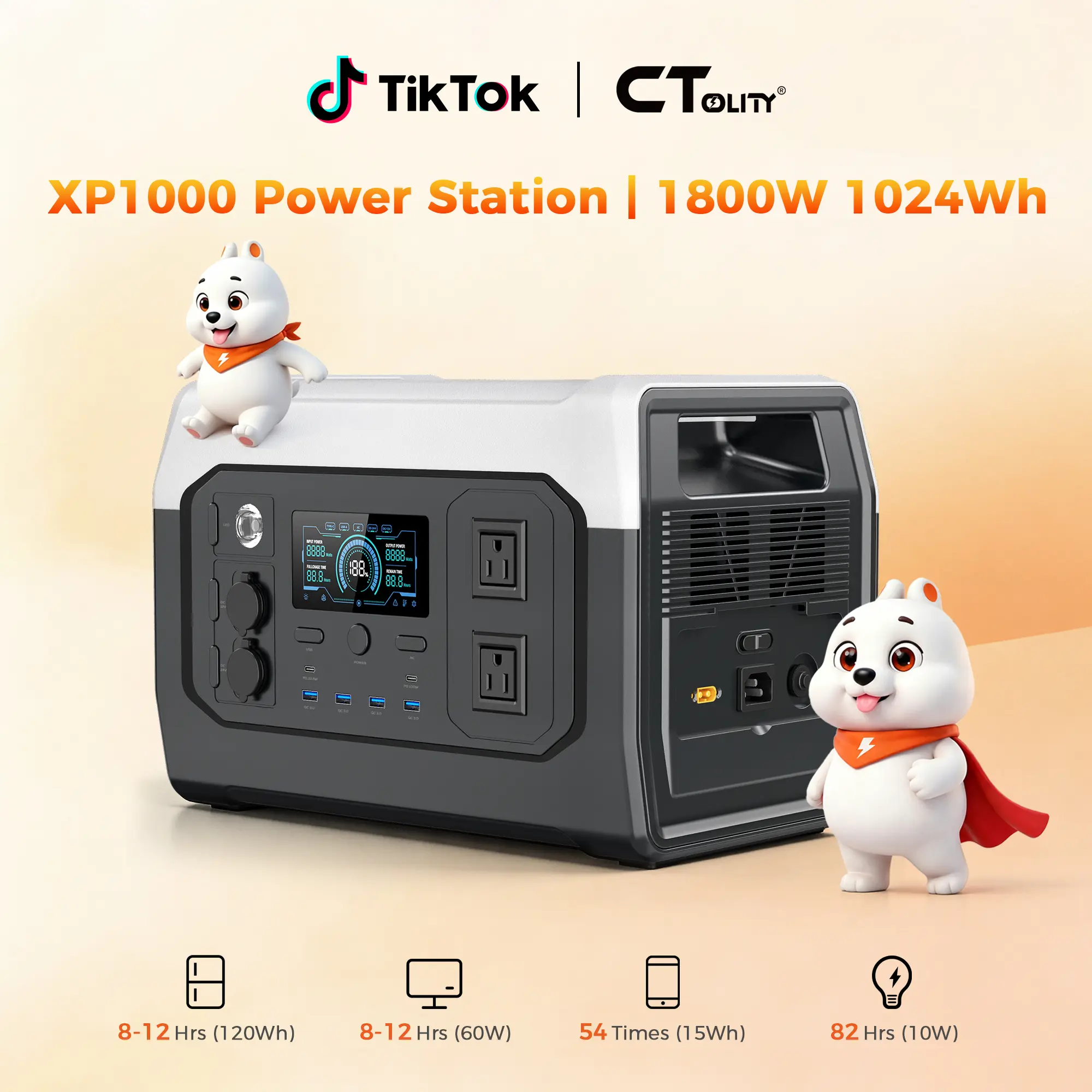 [Techvibes Toolupgrade] CTOLITY Portable Power Station 1800W Camping Home Backup 1024Wh LiFePO4 Solar Generator for Off Grid Living, Fast Charging 10 Output Ports & 10ms UPS for Emergencies, TikTokShopFallDealsForYou