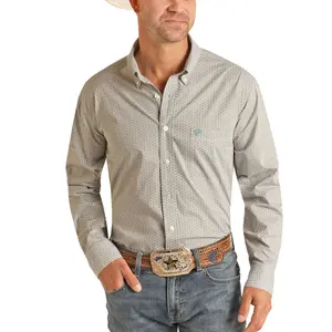 Rock & Roll Denim Men's Geometric Print Aqua Button Down Shirt B2D3329