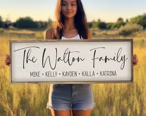Personalized Printed Wood Family Name Sign With First Names (Framed)