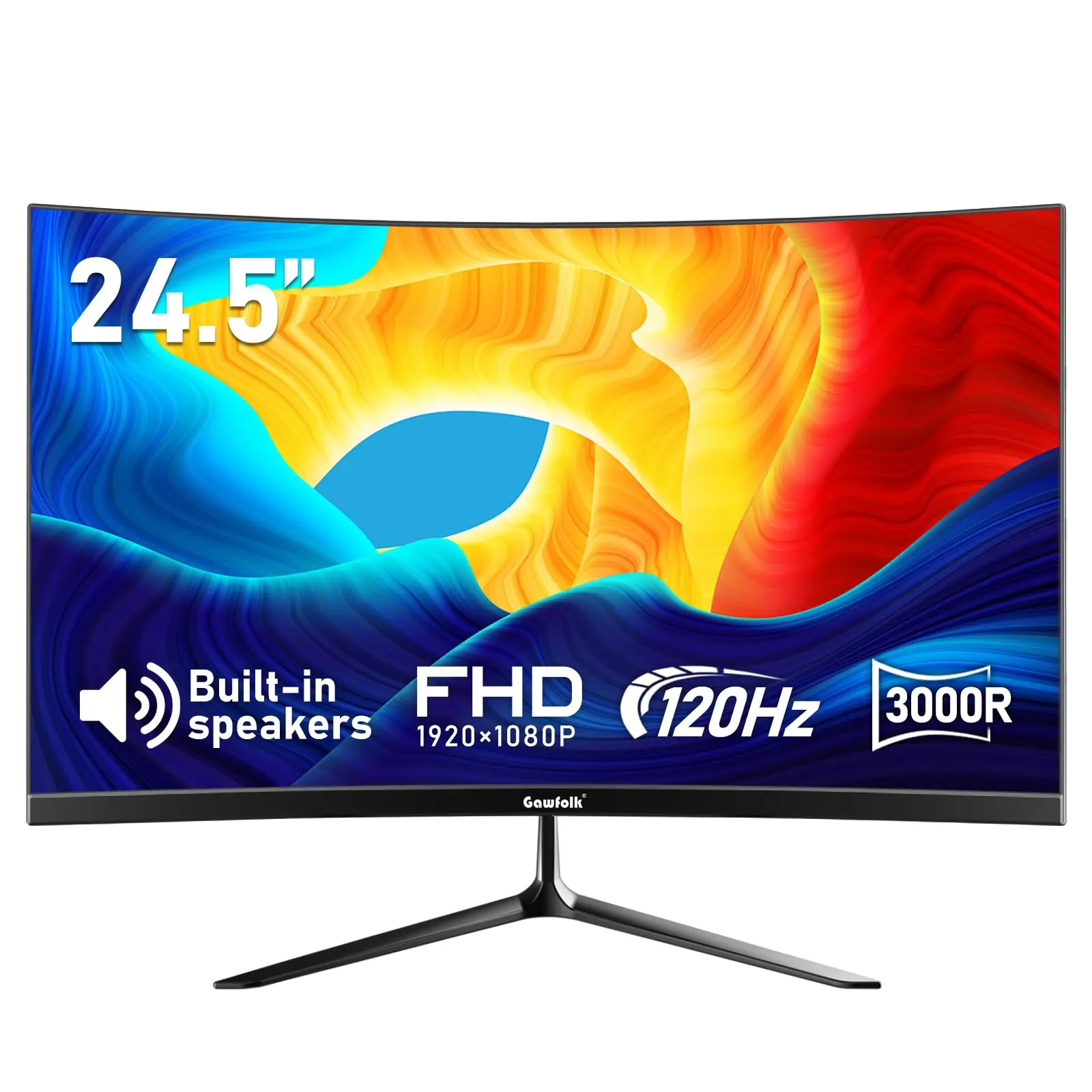 Gawfolk 24.5" Curved FHD Gaming Monitor, 3000R VA Panel, 120Hz Refresh Rate, Built-in Speakers, HDMI 2.0 - VGA Ports, 75x75 VESA Mount, Borderless Design, Blue Light Filter, Flicker-Free for Gaming & Office Use (Monitors for Desktop & Laptop Components)